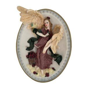 Oval Wall Decor Relief Sculpted 3D Plate Angel Vintage 6" x 8" Roses 7115